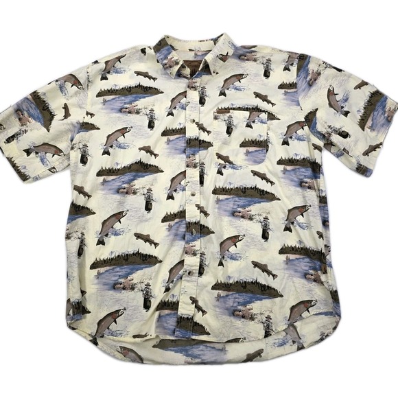 Outdoor Life Men's XL Short Sleeve Button Front Shirt All‎ Over Fish Print VTG - Picture 1 of 5